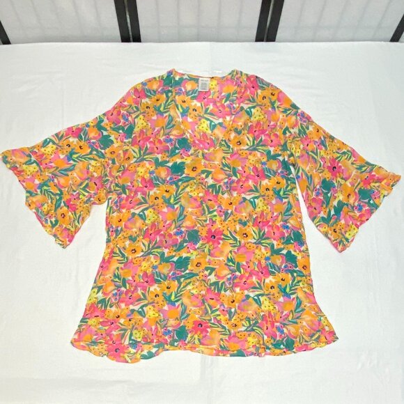 Anne Cole Ruffle Bell Sleeve V Neck Sheer Crinkle Bright Floral Tunic Dress NEW - Picture 8 of 13